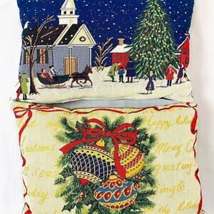 Vtg Pair Christmas Scene Ornaments Tapestry Throw Pillows 16” x 11" Multicolor